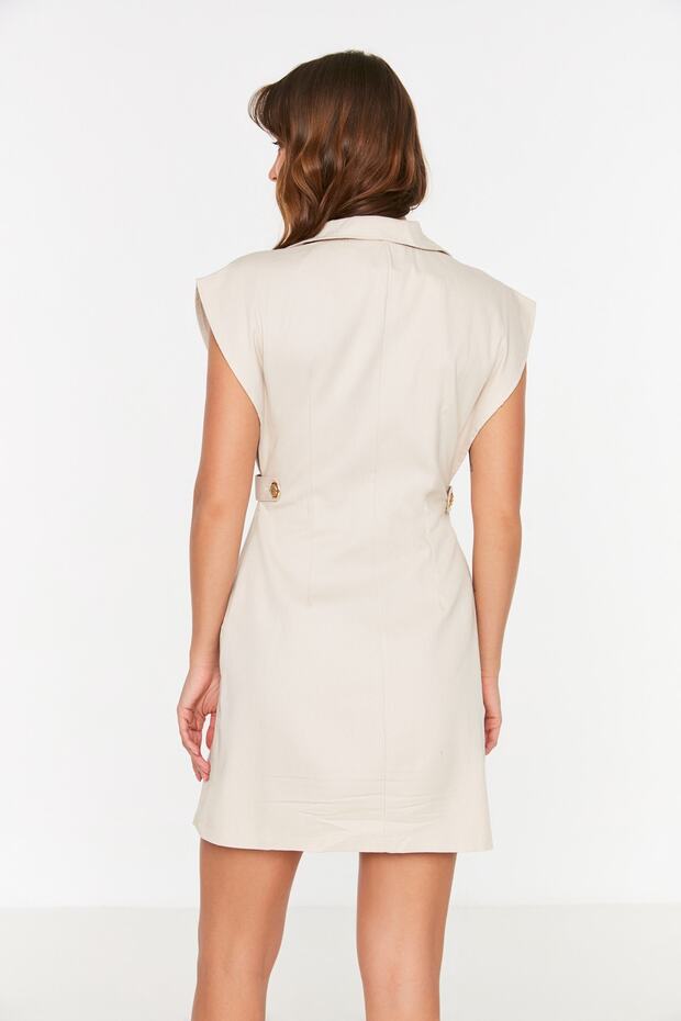 Ekru Düğme Detaylı Gabardin Mini Dokuma Gömlek Elbise TWOSS22EL2970 - 6