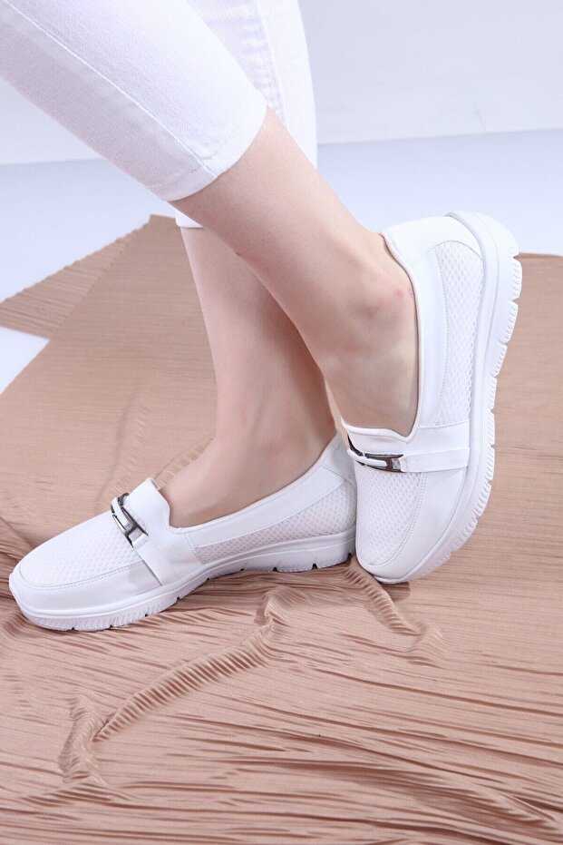 Women's White Color Flexible Faylon Sole Full Orthopedic Buckle Daily Sports Ballerina Shoes Ser-1045