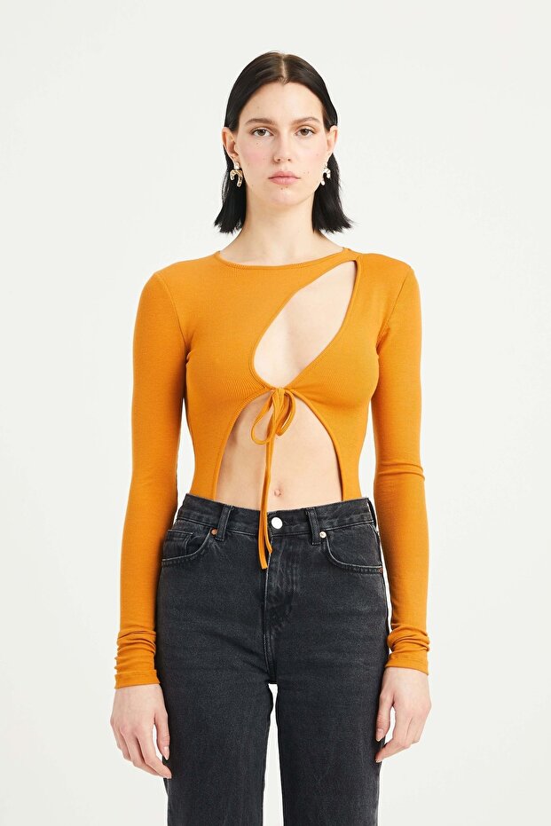 Kadın Hardal Geometrik Dekolteli Marilla Bodysuit - 1