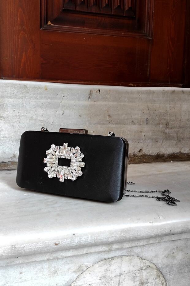 Black Satin Evening Dress Box Bag with Stones