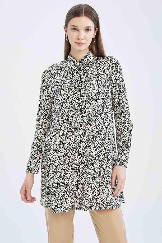 Regular Fit Çiçek Desenli Uzun Kollu Gömlek Tunik - 5