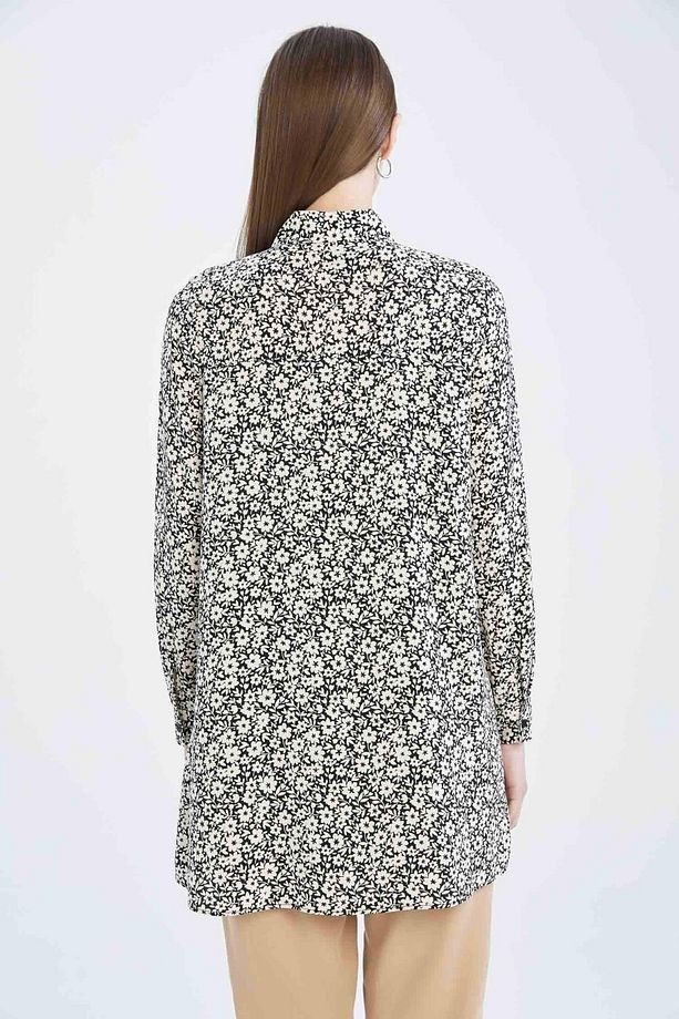 Regular Fit Çiçek Desenli Uzun Kollu Gömlek Tunik - 6