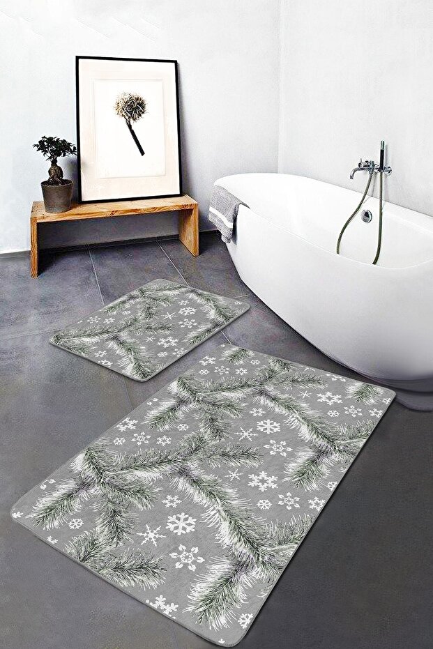Gray Floor Pine Leaves Snowflakes Special Design 2-Piece Non-Slip Base Bathroom & Kitchen Mat Set