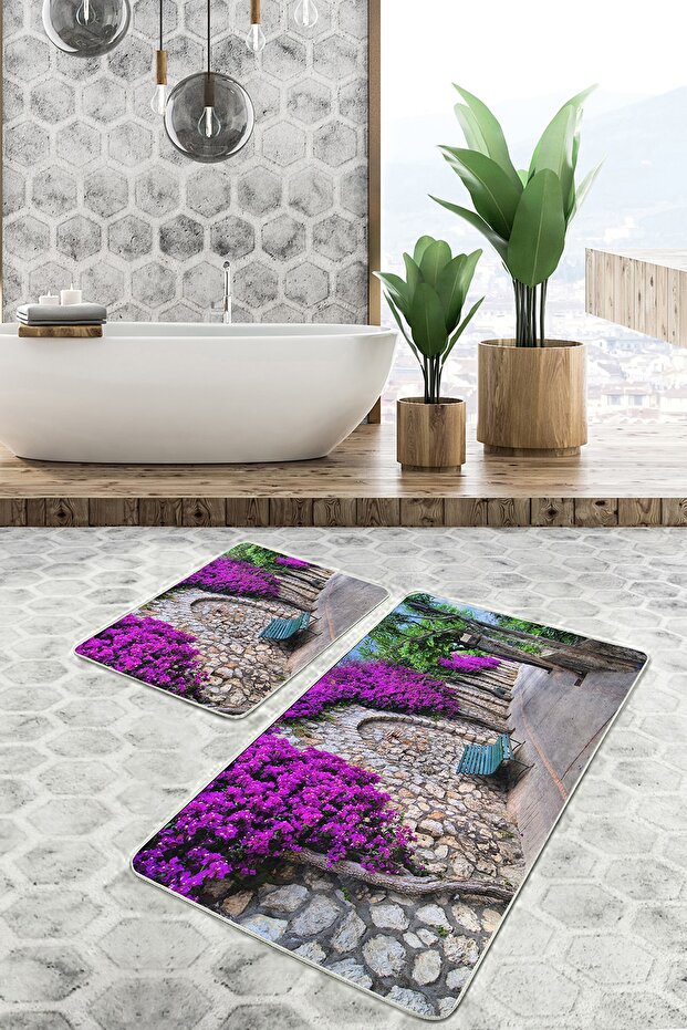 Purple Ivy Street Digital Printed 2-Piece Non-Slip Base Bathroom & Kitchen Mat Set
