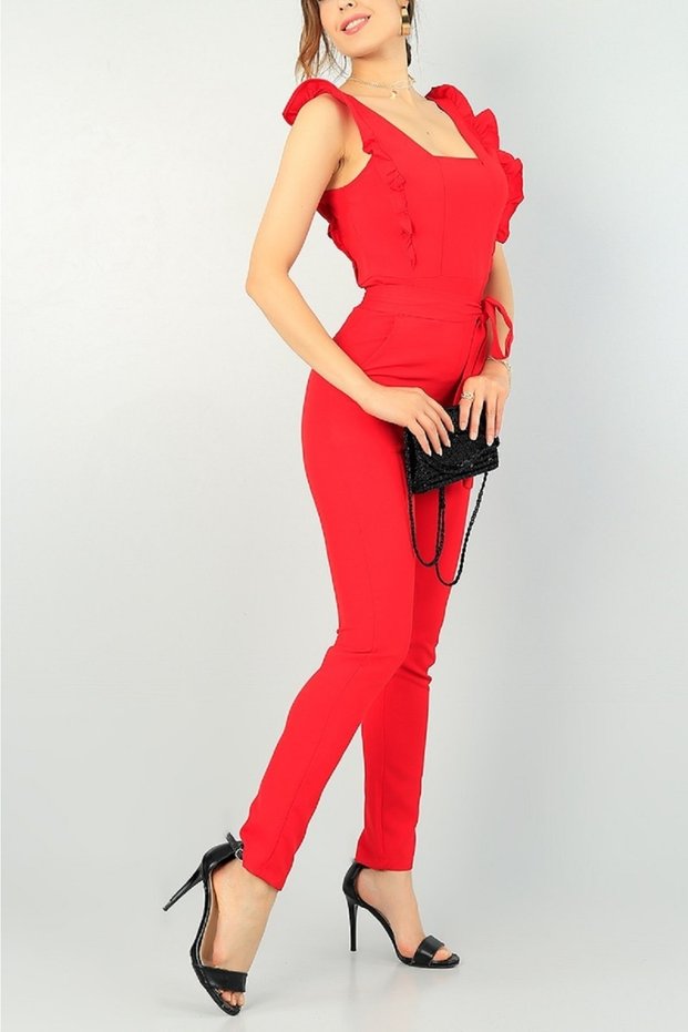 Red Lycra Fabric Ruffled Evening Dress with Belt Detail, Jumpsuit, Evening Dress and Graduation Dress 106