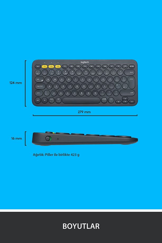 K380 Klavye Bluetooth Türkçe Multi-Device Kompakt Kablosuz Siyah - 7
