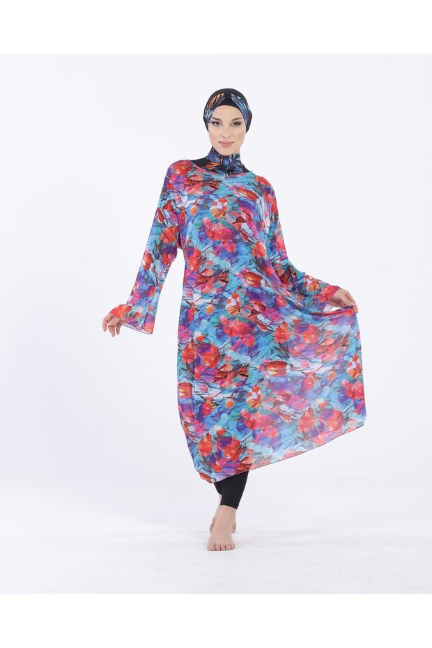 Women's Long Sleeve Patterned Pareo Over Hijab Swimsuit