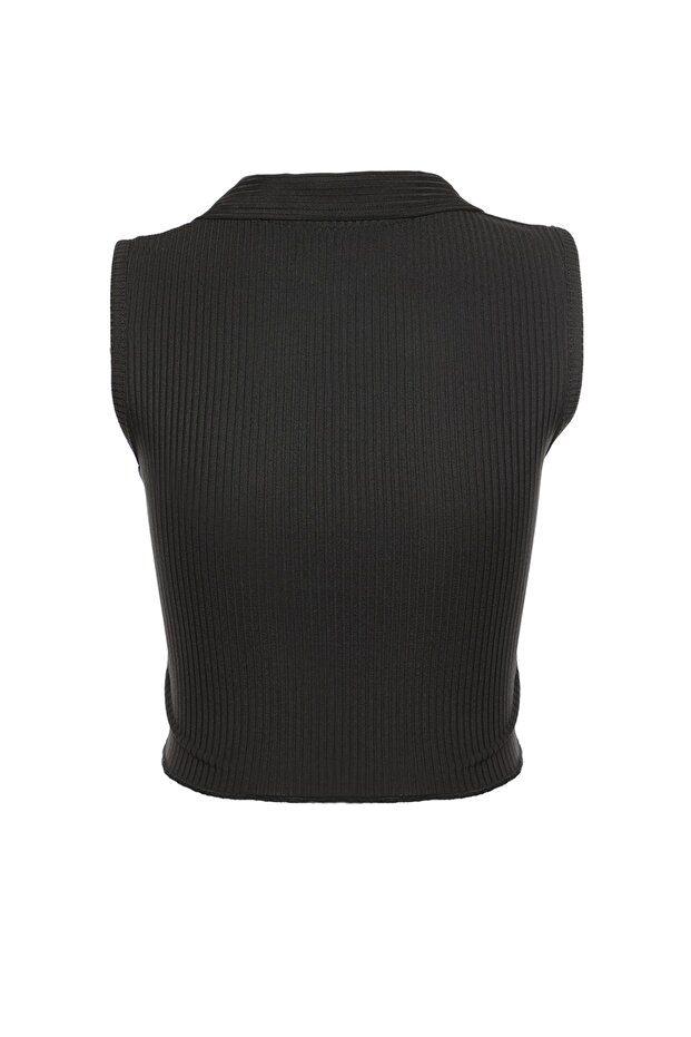 Siyah Fitted/Vücuda Oturan Polo Yaka Crop Esnek Örme Bluz TWOSS22BZ0335 - 8
