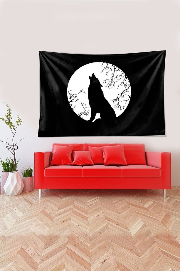 Savaşçı Kurt Desen Leke Tutmaz Kadife Dokulu Kumaş Duvar Örtüsü Duvar Halısı Tapestry - 3