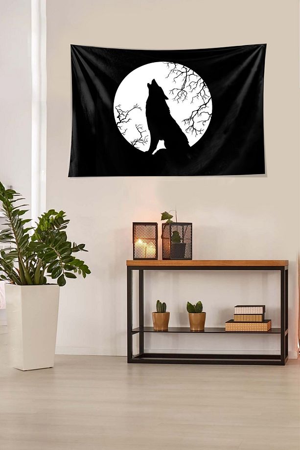 Savaşçı Kurt Desen Leke Tutmaz Kadife Dokulu Kumaş Duvar Örtüsü Duvar Halısı Tapestry - 5