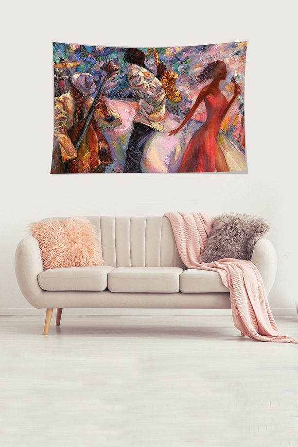 Jazz Şarkıcısı Desenli Leke Tutmaz Kadife Dokulu Kumaş Duvar Örtüsü Duvar Halısı Tapestry - 2