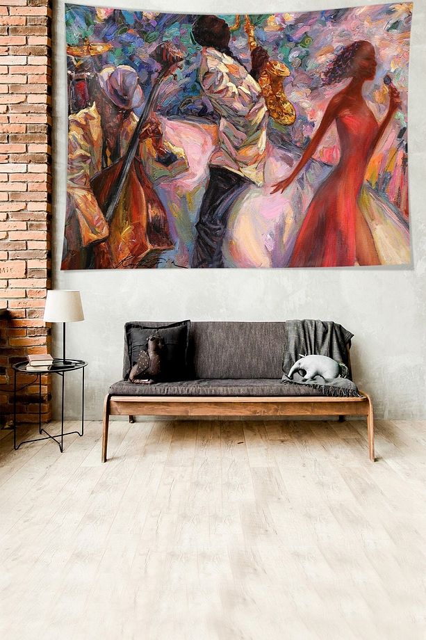 Jazz Şarkıcısı Desenli Leke Tutmaz Kadife Dokulu Kumaş Duvar Örtüsü Duvar Halısı Tapestry - 3
