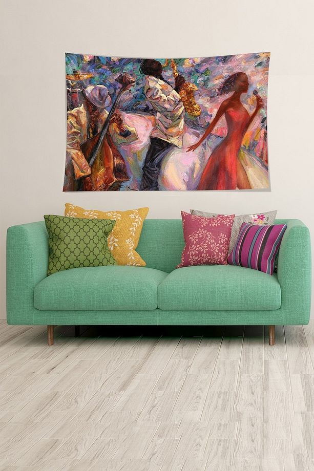 Jazz Şarkıcısı Desenli Leke Tutmaz Kadife Dokulu Kumaş Duvar Örtüsü Duvar Halısı Tapestry - 4