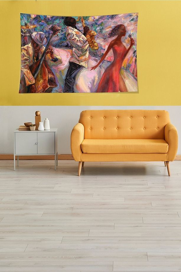 Jazz Şarkıcısı Desenli Leke Tutmaz Kadife Dokulu Kumaş Duvar Örtüsü Duvar Halısı Tapestry - 5