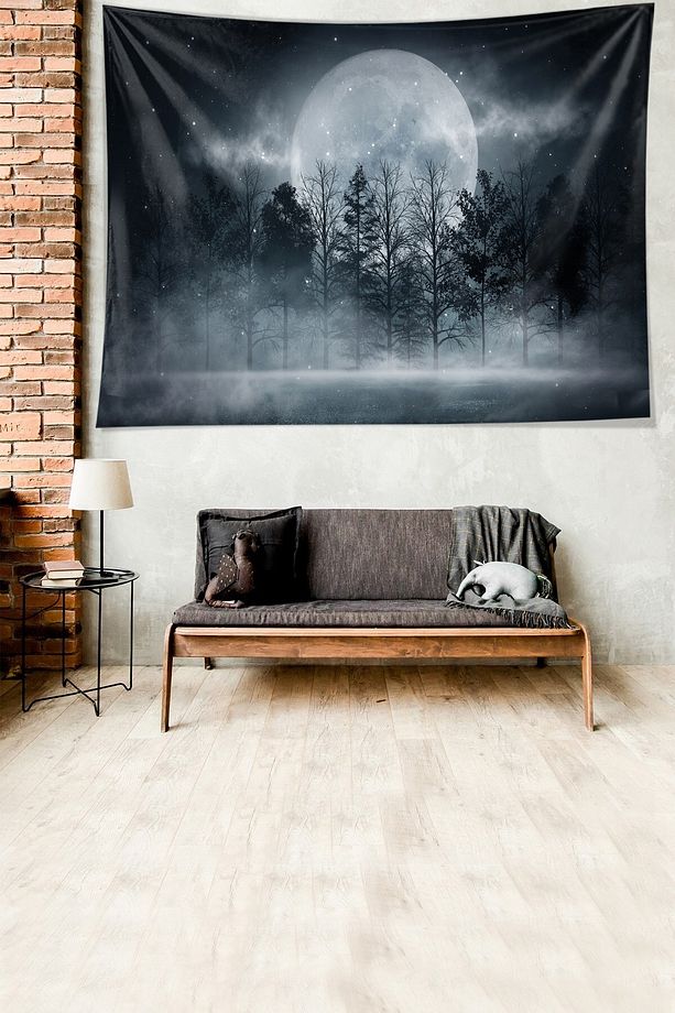 Alacakaranlık Orman Ay Desen Leke Tutmaz Kadife Dokulu Kumaş Duvar Örtüsü Duvar Halısı Tapestry - 1