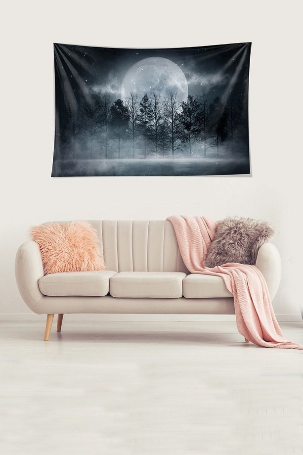 Alacakaranlık Orman Ay Desen Leke Tutmaz Kadife Dokulu Kumaş Duvar Örtüsü Duvar Halısı Tapestry - 3