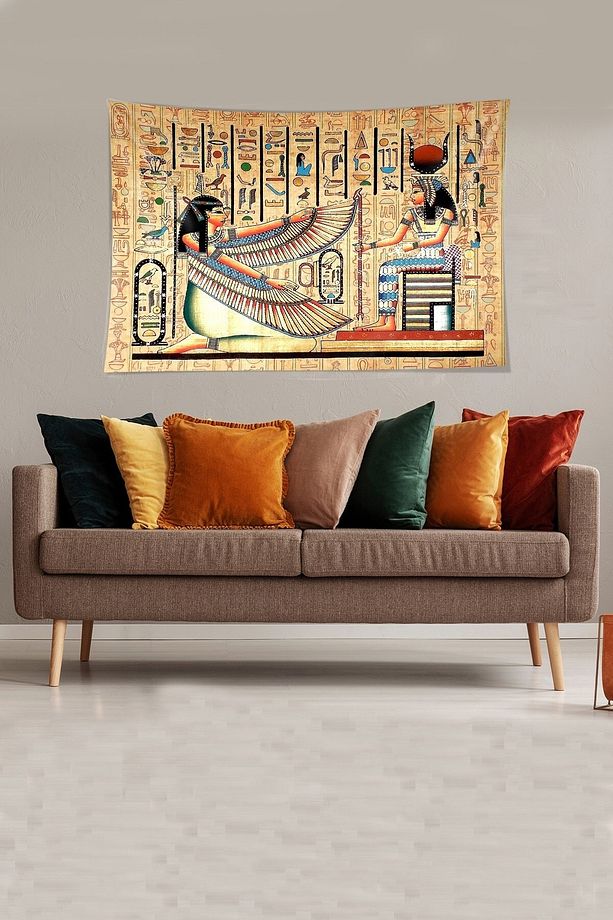 Antik Mısır Desen Etnik Leke Tutmaz Kadife Dokulu Kumaş Duvar Örtüsü Duvar Halısı Tapestry - 1