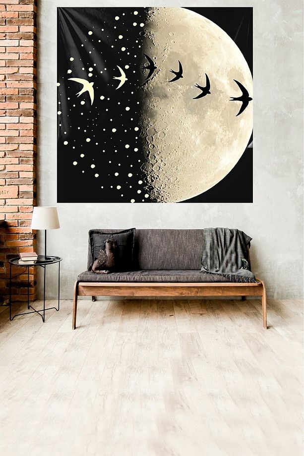 Ayda Uçan Kuşlar Desenli Leke Tutmaz Kadife Dokulu Kumaş Duvar Örtüsü Duvar Halısı Tapestry - 1