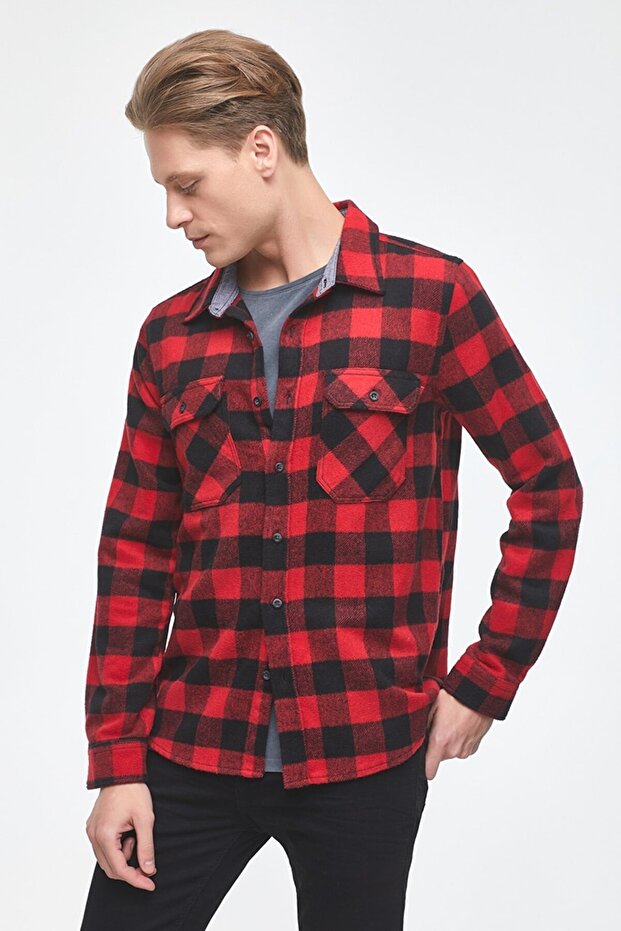 Tıny Brushed Red Check Wash Erkek Gömlek - 1