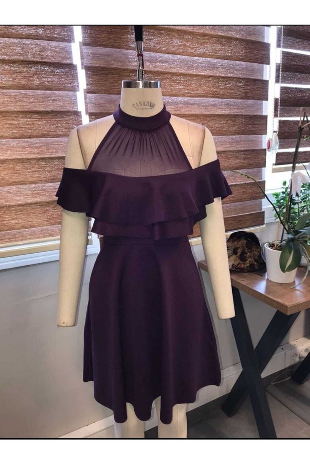 Purple Flexible Crepe Fabric Flounce Tulle Neck Detailed Mini Dress Evening Dress 58838 669