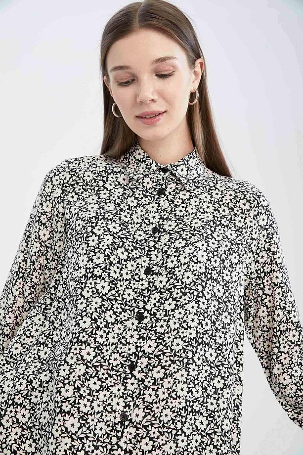 Regular Fit Çiçek Desenli Uzun Kollu Gömlek Tunik - 4