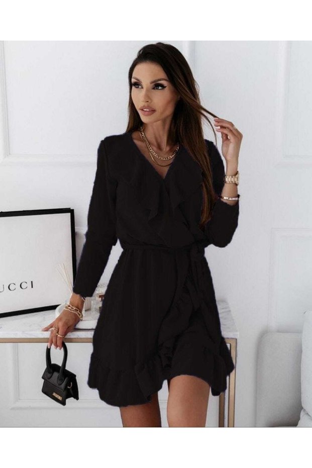 Flexible Black Crepe Fabric Double Breasted Neckline Flounce Detailed Evening Dress with Elastic Waist and Lacing 581842 631