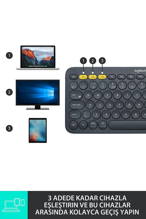 K380 Klavye Bluetooth Türkçe Multi-Device Kompakt Kablosuz Siyah - 6