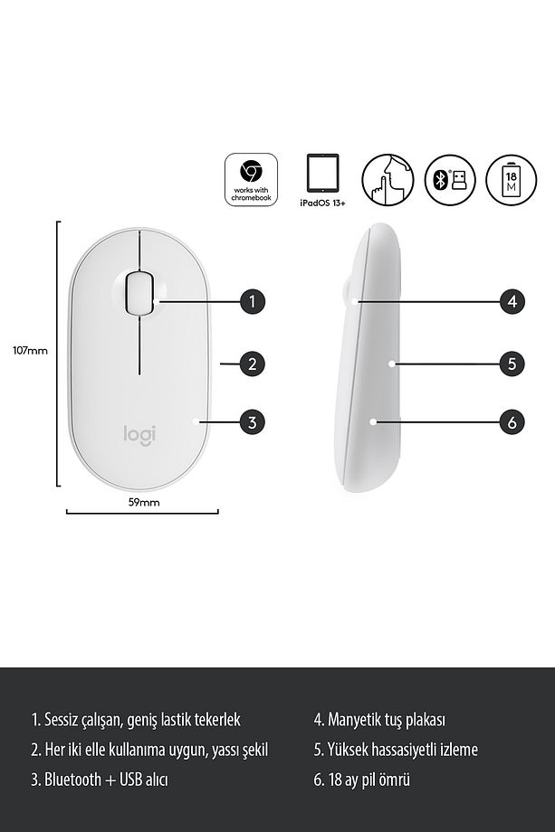 M350 Pebble Sessiz Kablosuz Kompakt Mouse - Beyaz - 7