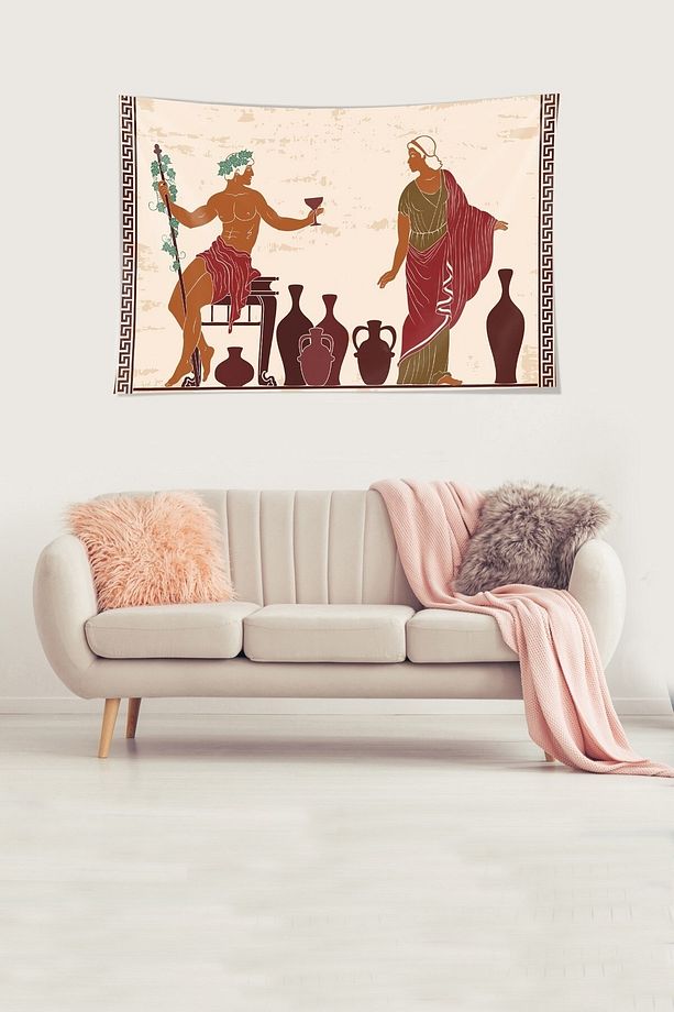 Antik Yunan Tanrısı Kadeh Desen Leke Tutmaz Kadife Dokulu Kumaş Duvar Örtüsü Duvar Halısı Tapestry - 2