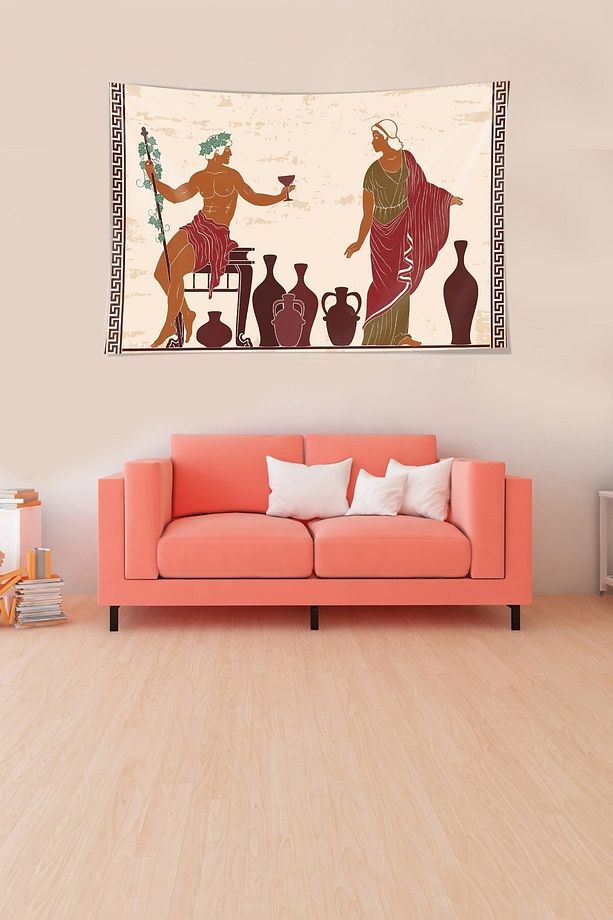 Antik Yunan Tanrısı Kadeh Desen Leke Tutmaz Kadife Dokulu Kumaş Duvar Örtüsü Duvar Halısı Tapestry - 4
