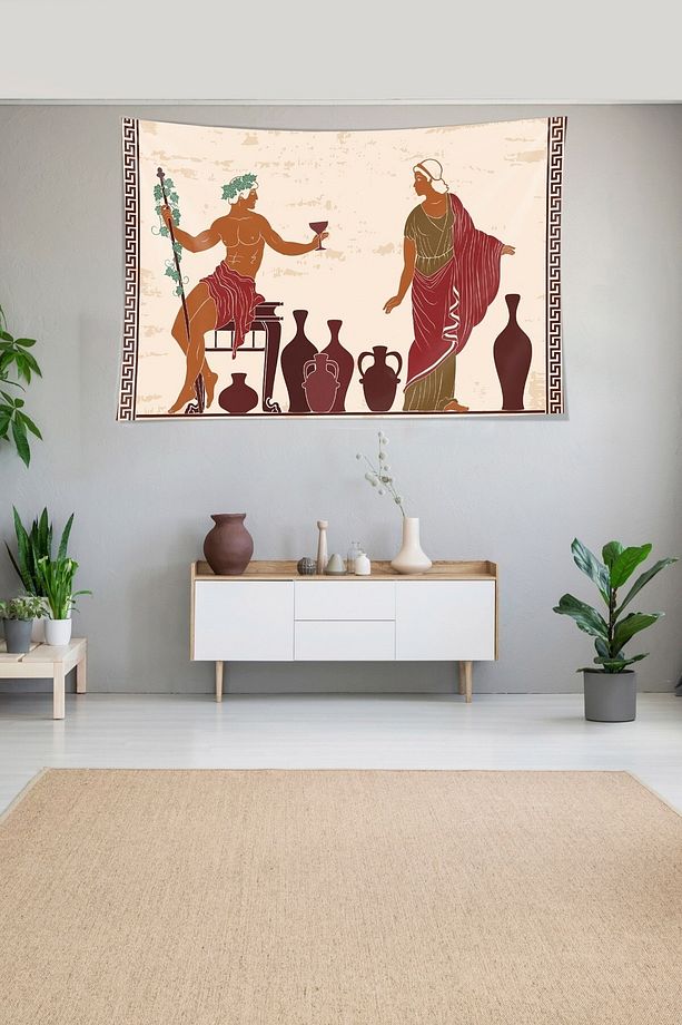 Antik Yunan Tanrısı Kadeh Desen Leke Tutmaz Kadife Dokulu Kumaş Duvar Örtüsü Duvar Halısı Tapestry - 5