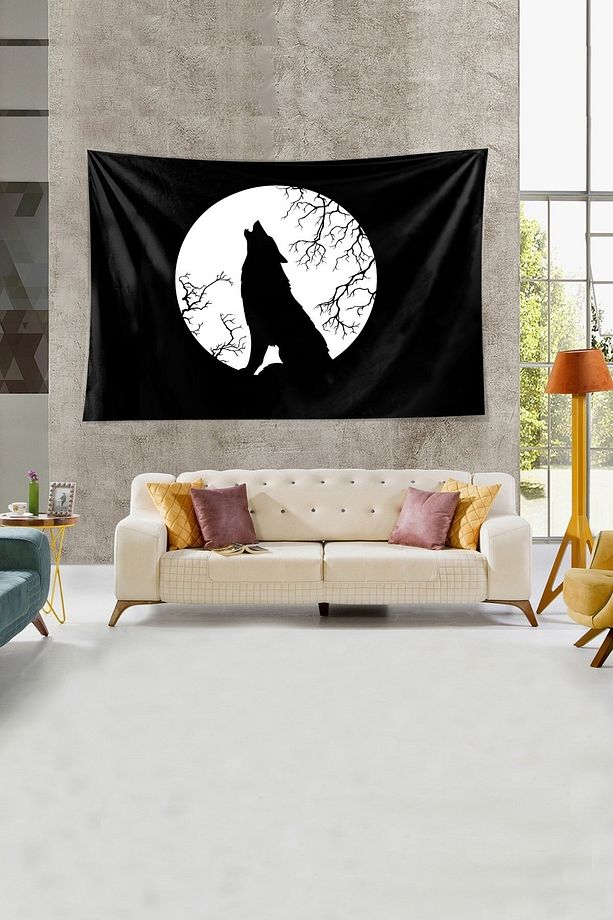 Savaşçı Kurt Desen Leke Tutmaz Kadife Dokulu Kumaş Duvar Örtüsü Duvar Halısı Tapestry - 4