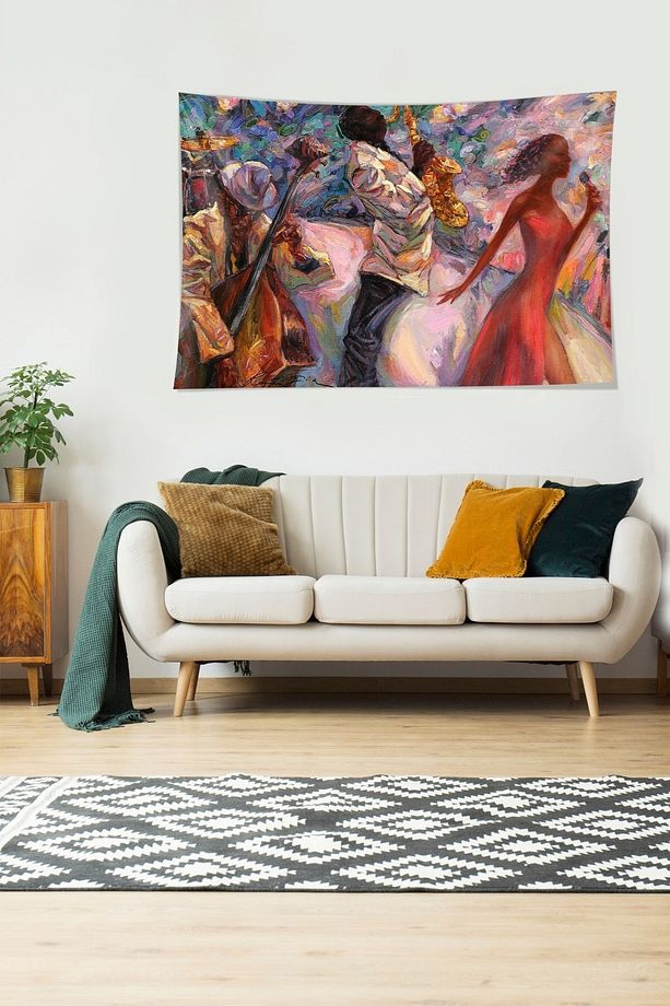 Jazz Şarkıcısı Desenli Leke Tutmaz Kadife Dokulu Kumaş Duvar Örtüsü Duvar Halısı Tapestry - 6