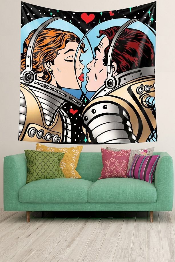 Dünyadan Uzak Astronot Aşıklar Leke Tutmaz Kadife Dokulu Kumaş Duvar Örtüsü Duvar Halısı Tapestry - 1