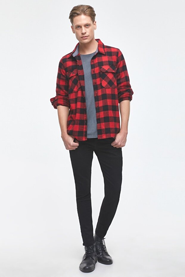 Tıny Brushed Red Check Wash Erkek Gömlek - 3