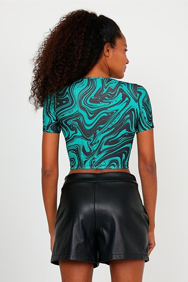 Kadın Yeşil Ebru Desenli Scuba Dalgıç Kumaş Kısa Kol Crop Top - 7
