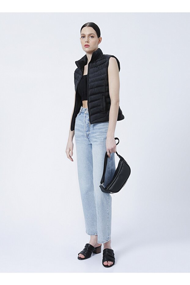 Vesa Dik Yaka Basic Kapitone Siyah Kadın Yelek - 5