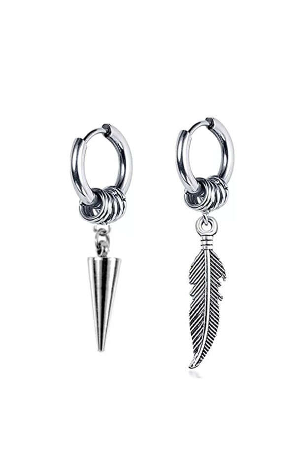 Unisex 316l Surgical Steel Silver Color Dangle Spear And Feather Hoop Earrings