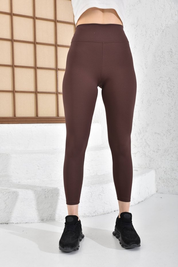 Women's Brown Plain Belt Ribbed Lycra Striped High Waist Recovery Sports Leggings