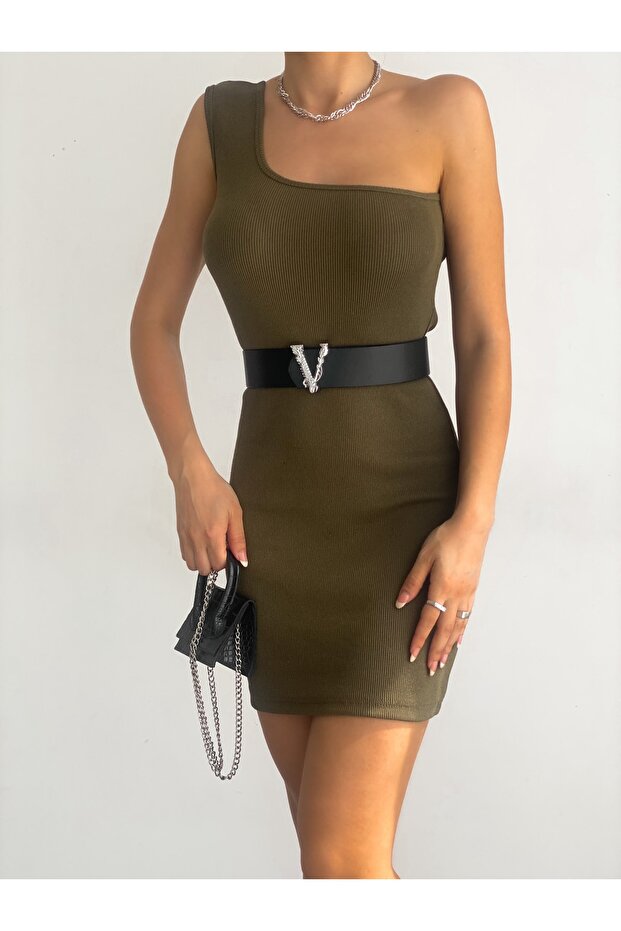 Women's One Shoulder Camisole Fabric Mini Khaki Dress