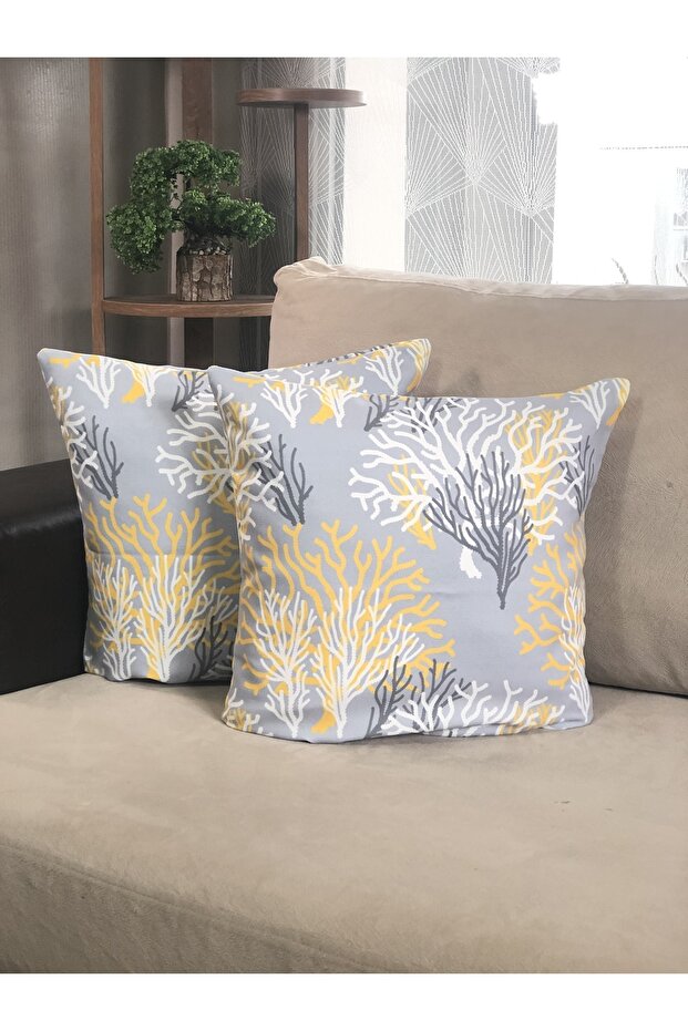 , 2-Piece Digital Printed Throw Pillow Cover Yellow Coral Gray Tb