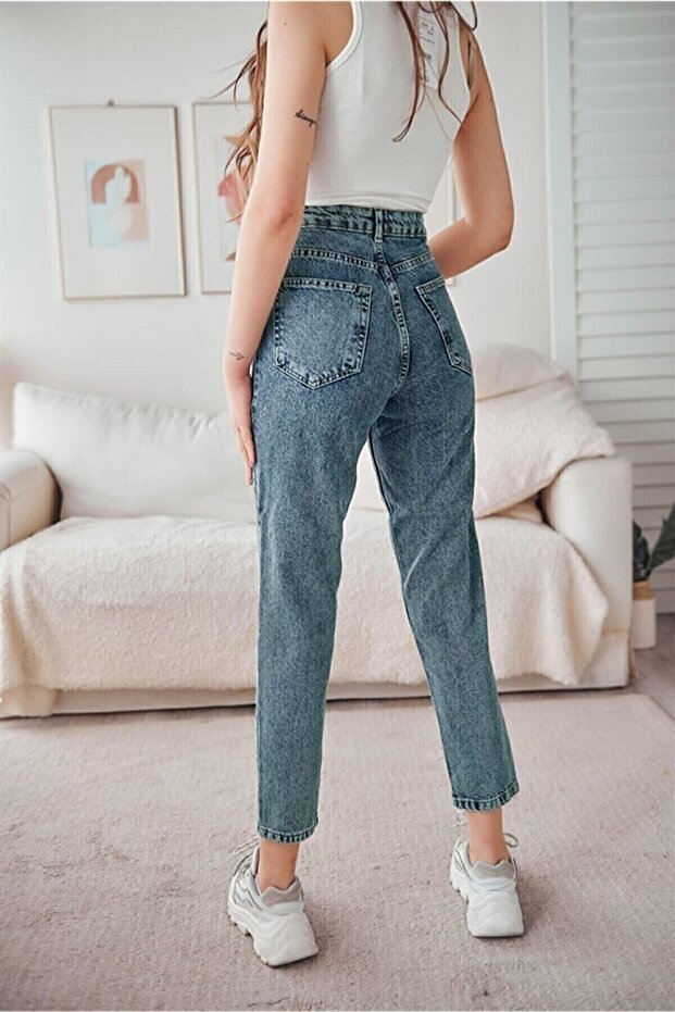 Blue Mom Jeans Lycra High Waist Blue Snow Washed Mom Jeans Extra Comfortable