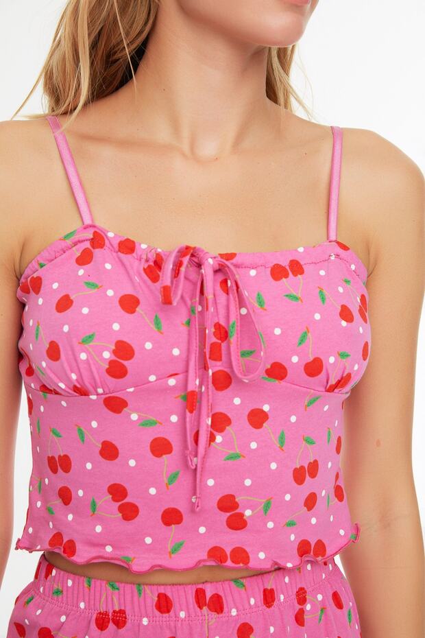 Pembe %100 Pamuklu Kiraz Desenli İp Askılı Şortlu Örme Pijama Takımı THMSS22PT0649 - 6