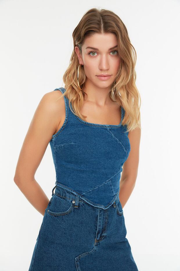 Mavi Dikiş Detaylı Askılı Denim Bluz TWOSS22BZ1402 - 2