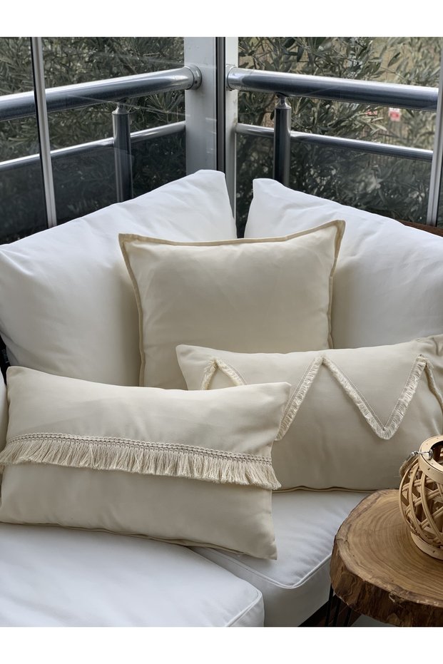 Decorative Bohemian Throw Pillow Cover Set of 3 Ecru