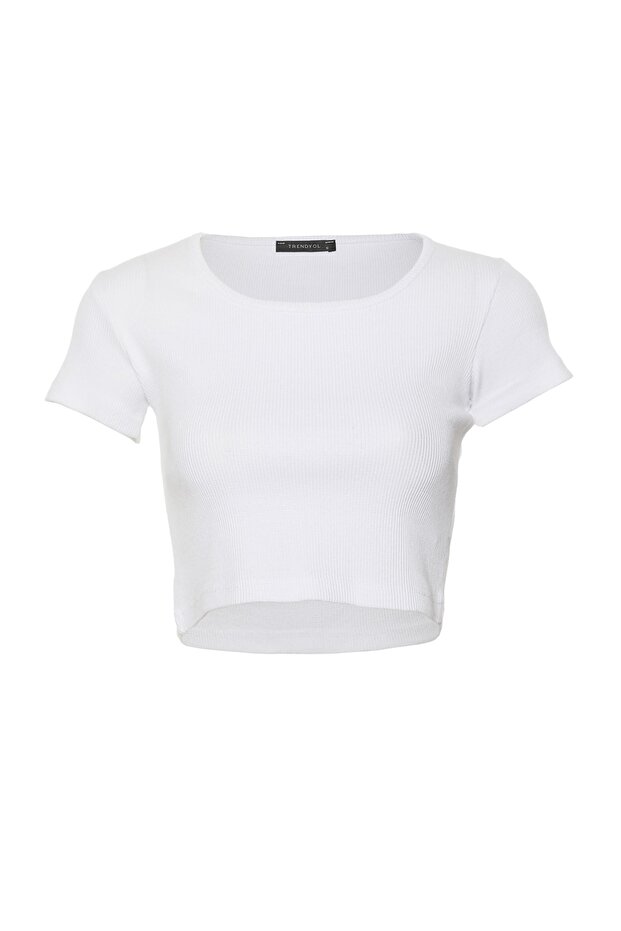 Siyah-Beyaz 2'li Paket Fitted/Vücuda Oturan Crop Bisiklet Yaka Fitilli Esnek Örme Bluz TWOSS22BZ0734 - 9