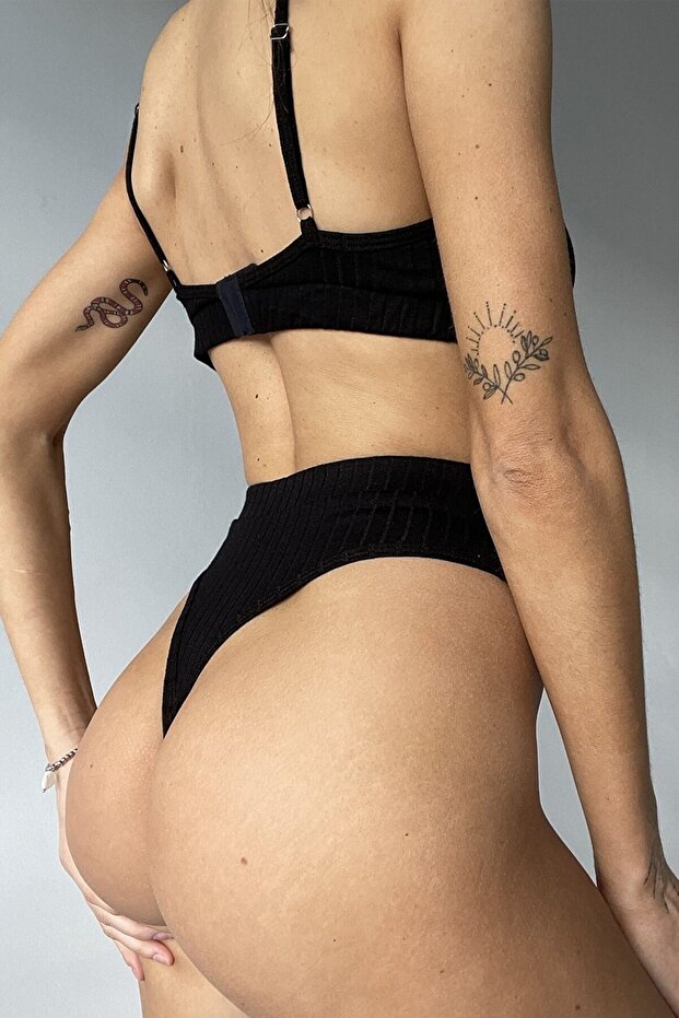 Kadın Siyah Yüksek Bel Dolgusuz Slip Takım - 7