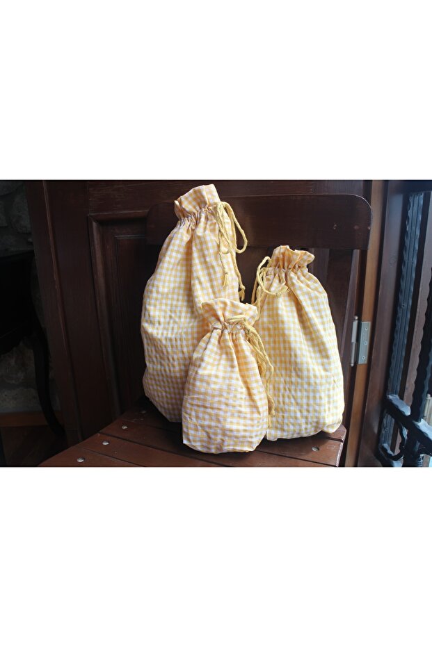 Yellow Gingham Ecological Cloth Pouch, Eco-Friendly Cloth Pouch, Drawstring Cloth Bag, Organizer Pouch (Set of 3)