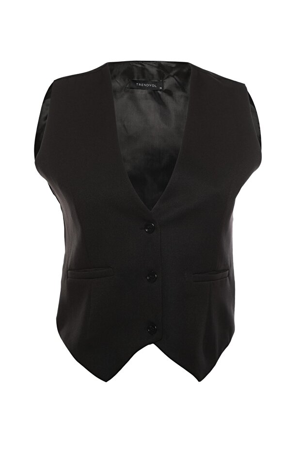 Siyah Regular Dokuma Kısa/Crop Yelek TWOSS22YE0053 - 6