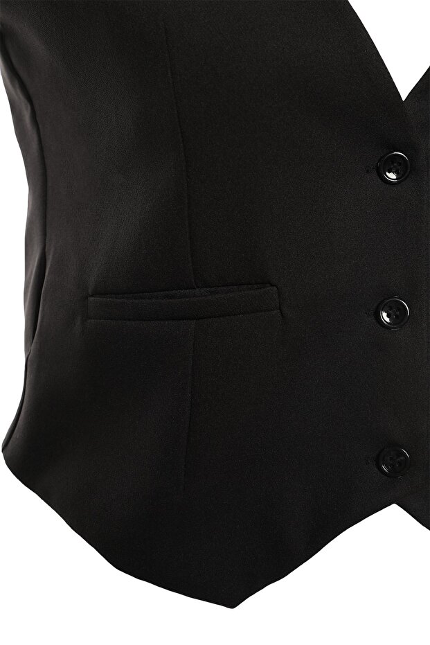 Siyah Regular Dokuma Kısa/Crop Yelek TWOSS22YE0053 - 7